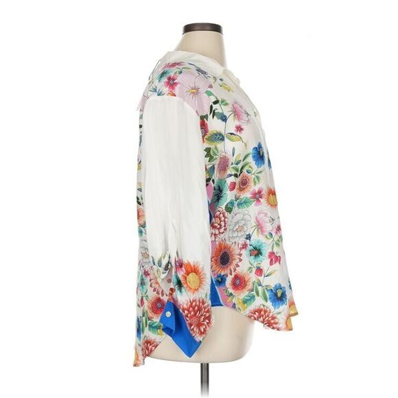 Johnny Was Gali 100% Silk Button Down Top XL Floral Boho Chic Roll Tab Sleeves - Picture 3 of 9